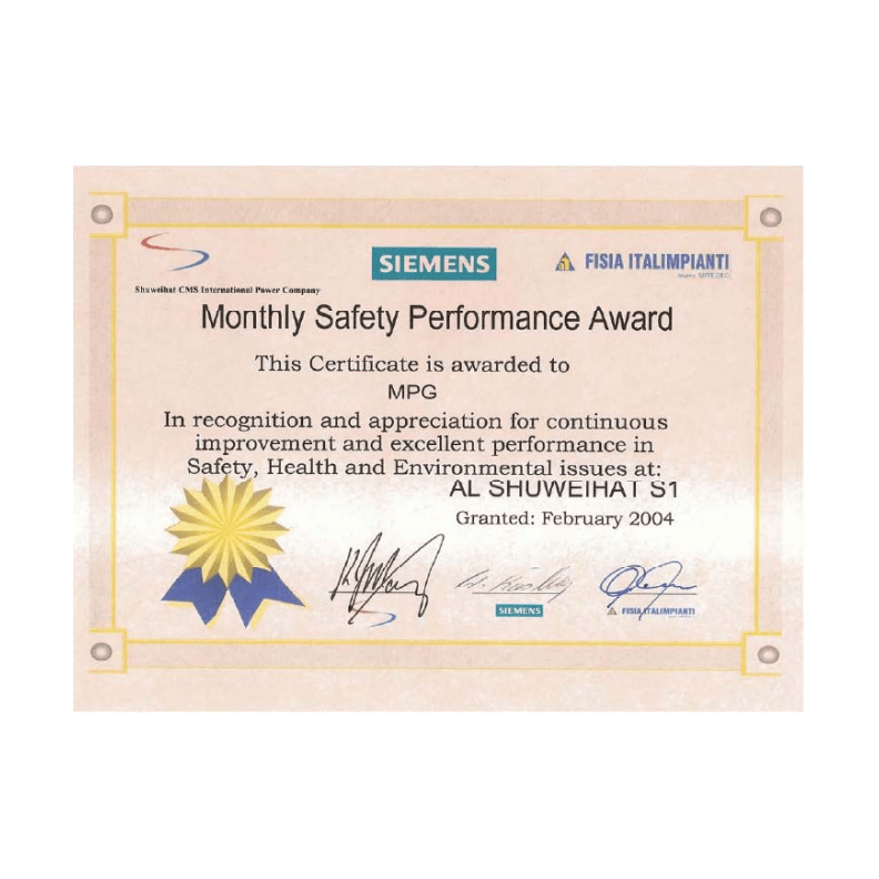 Siemens Monthly Safety Performance Award - February 2004